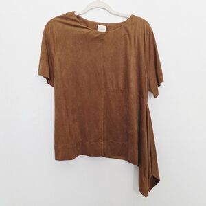 Chico's Faux Suede Brown Asymmetrical Short Sleeves Women Top Size 2